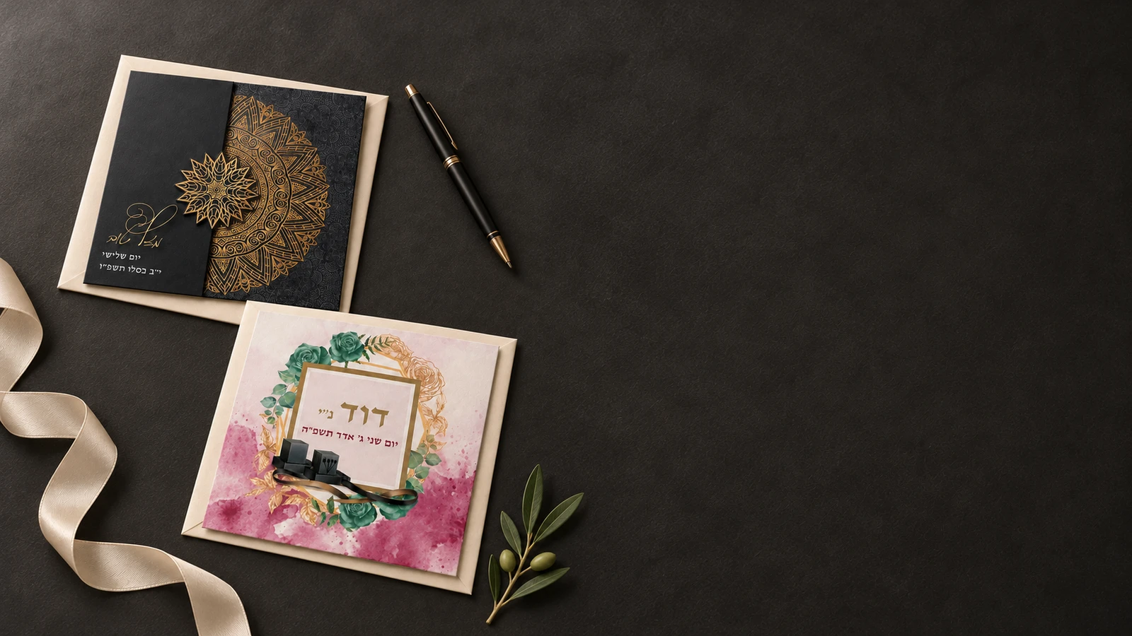 המחשת הזמנות על מעטפות קרם, עם עט וסרט בד על שולחן כהה